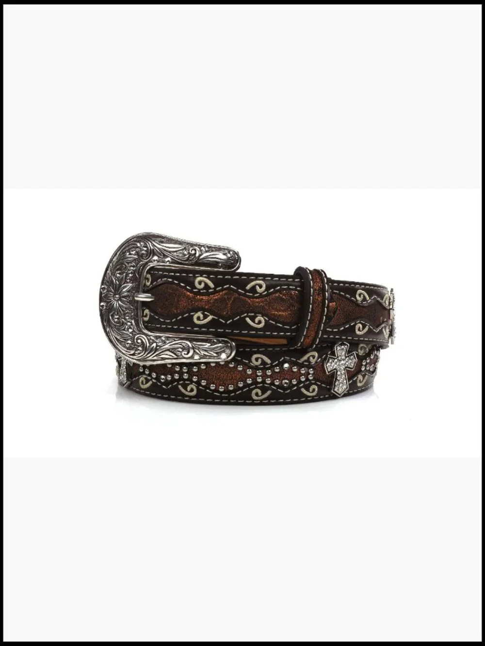 Scalloped Croc Print Belt with Rhinestone Conchos